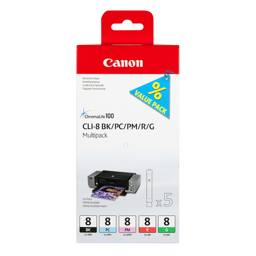 CANON CLI-8 BK, PC, PM, R, G Tinte schwarz und vier Farben Standardkapazität combopack blister mit Alarm