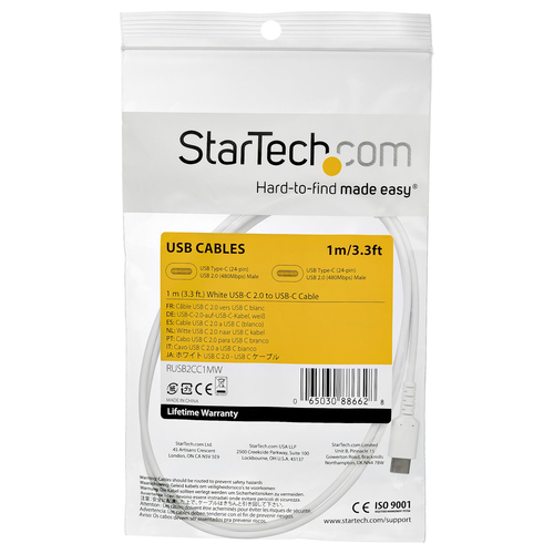 STARTECH.COM RUSB2CC1MW USB-C Kabel 1m hochwertiges USB 2.0 Typ-C Datenübertragungs und Ladekabel St/St Weiss
