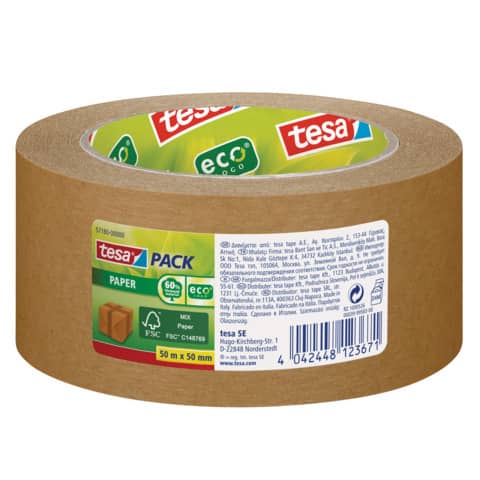 Verpackungsklebeband tesapack® Paper EcoLogo - Papier, 50 m x 50 mm, braun