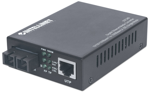 INTELLINET Gigabit Ethernet Singlemode Medienkonverter 10/100/1000Base-T auf 1000Base-LX SC Single Mode Reichweite bis 20 km