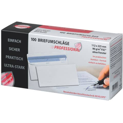 Briefumschlag Revelope® - 112 x 225 mm, o. Fenster, weiß, 90 g/qm, Innendruck, Revelope-Klebung, 100 Stück