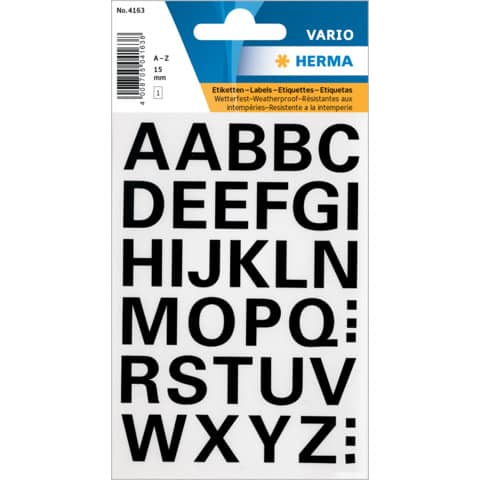 4163 Buchstaben-Etiketten - A-Z, 15 mm, wetterfest, schwarz