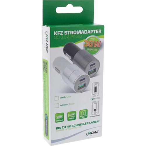 INLINE USB KFZ Stromadapter Quick Charge 3.0 12/24V DZ zu 5V DC 3A USB A und USB Typ-C schwarz