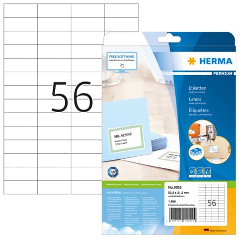 5052 Etiketten Premium A4, weiß 52,5x21,2 mm Papier matt 1400 St.