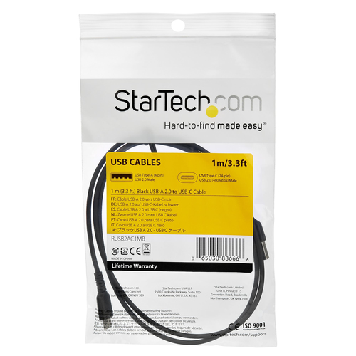 STARTECH.COM 1m 3ft USB-C Cable Durable USB 2.0 Type C Cord Data & Charging Male to Male Black
