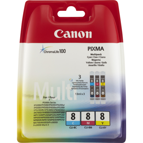 CANON CLI-8C/M/Y Tinte cyan, magenta und gelb Standardkapazität combopack blister ohne Alarm